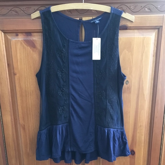 American Eagle Outfitters Tops - AMERICAN EAGLE Blue & Black Lace Tank Top M NWT